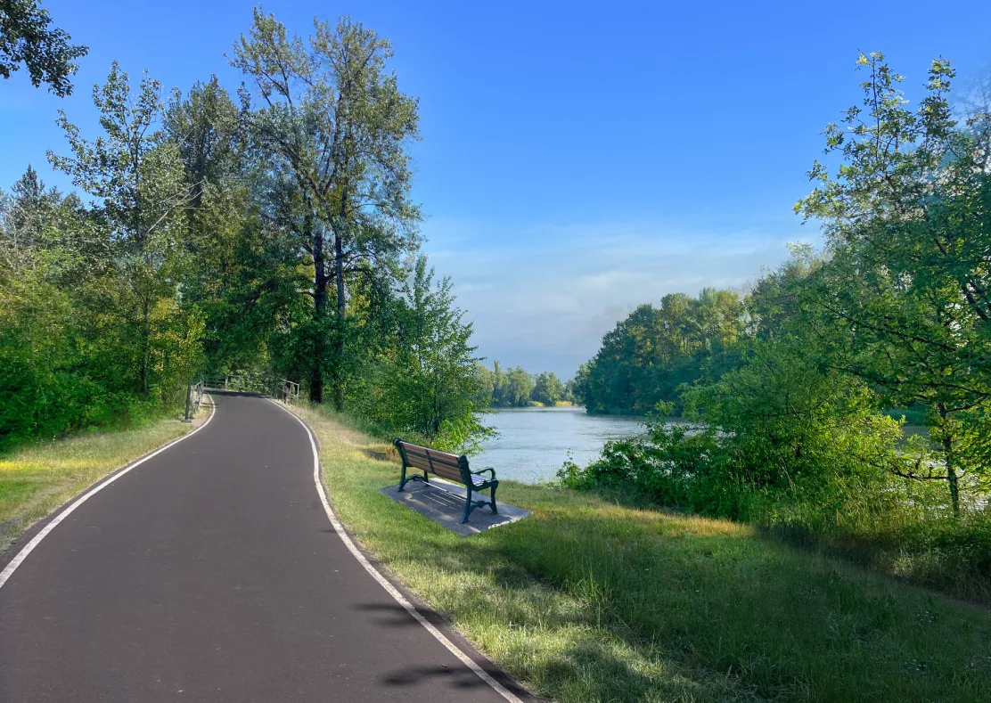 The riverbank bike path along the Willamette River near the office