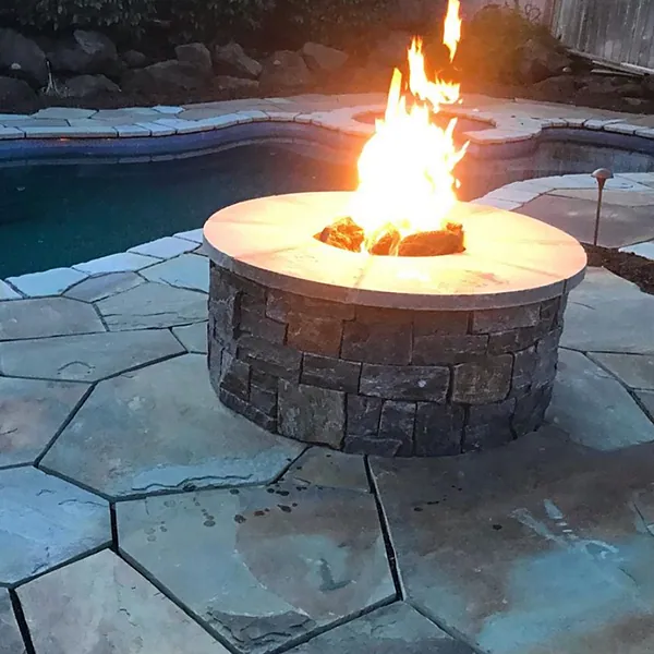Fire pit on a flagstone deck