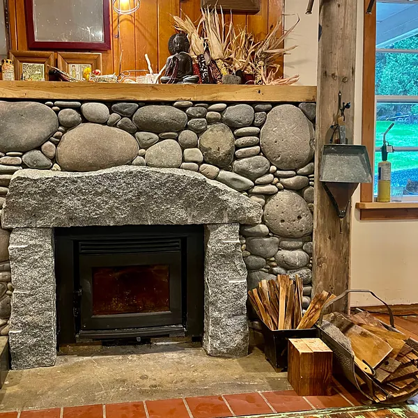River-stone fireplace